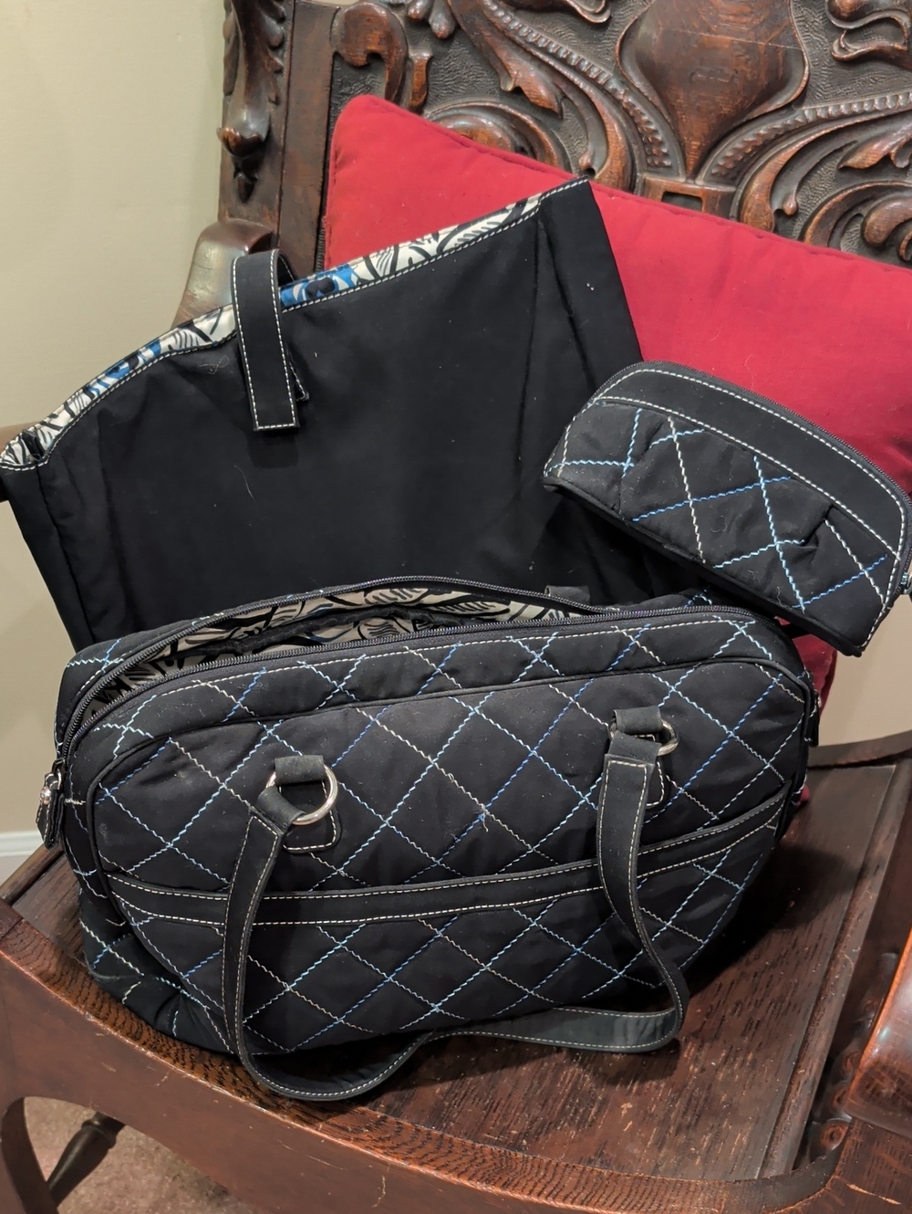 Quilted Black Travel Shoulder Bag with Blue Stitching